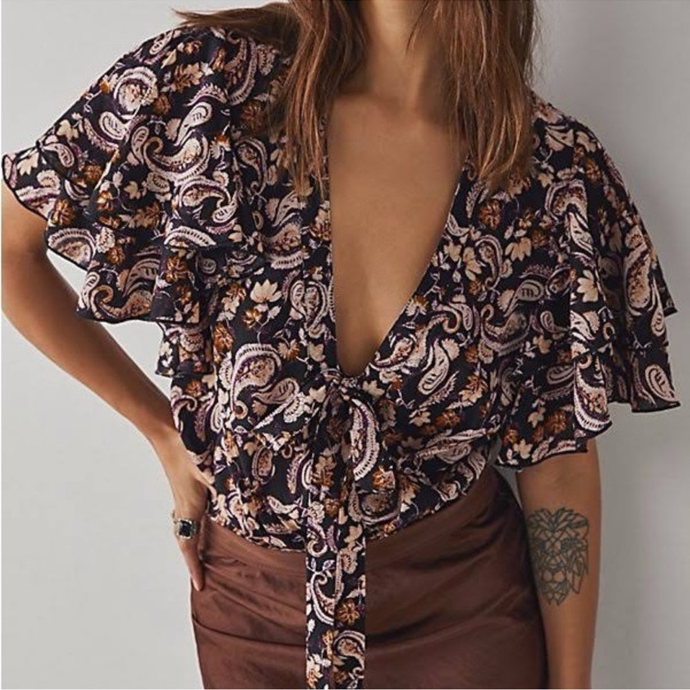 Free People! Call Me Later Print Tie Neck Bodysuit NWT!